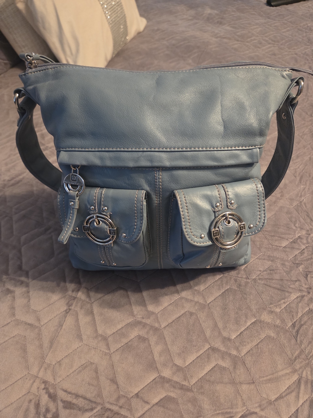 Stone Mountain Light Blue Leather Shoulder Bag w/ Front Pockets NWOT